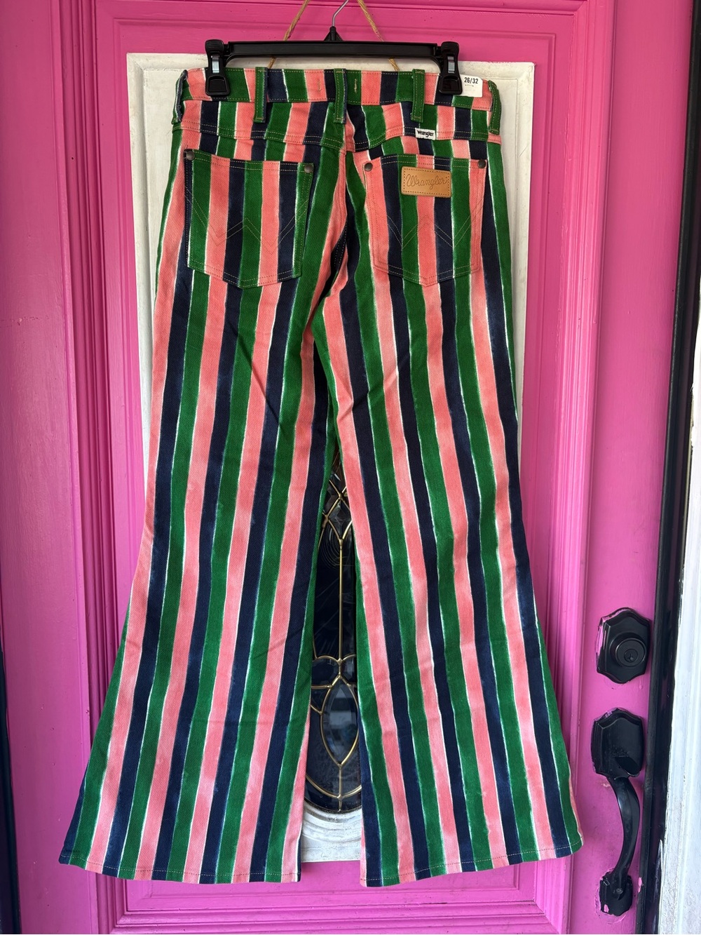 Wrangler Wanderer Striped Flare Pants in Green, Pink & Navy - Picture 2 of 14